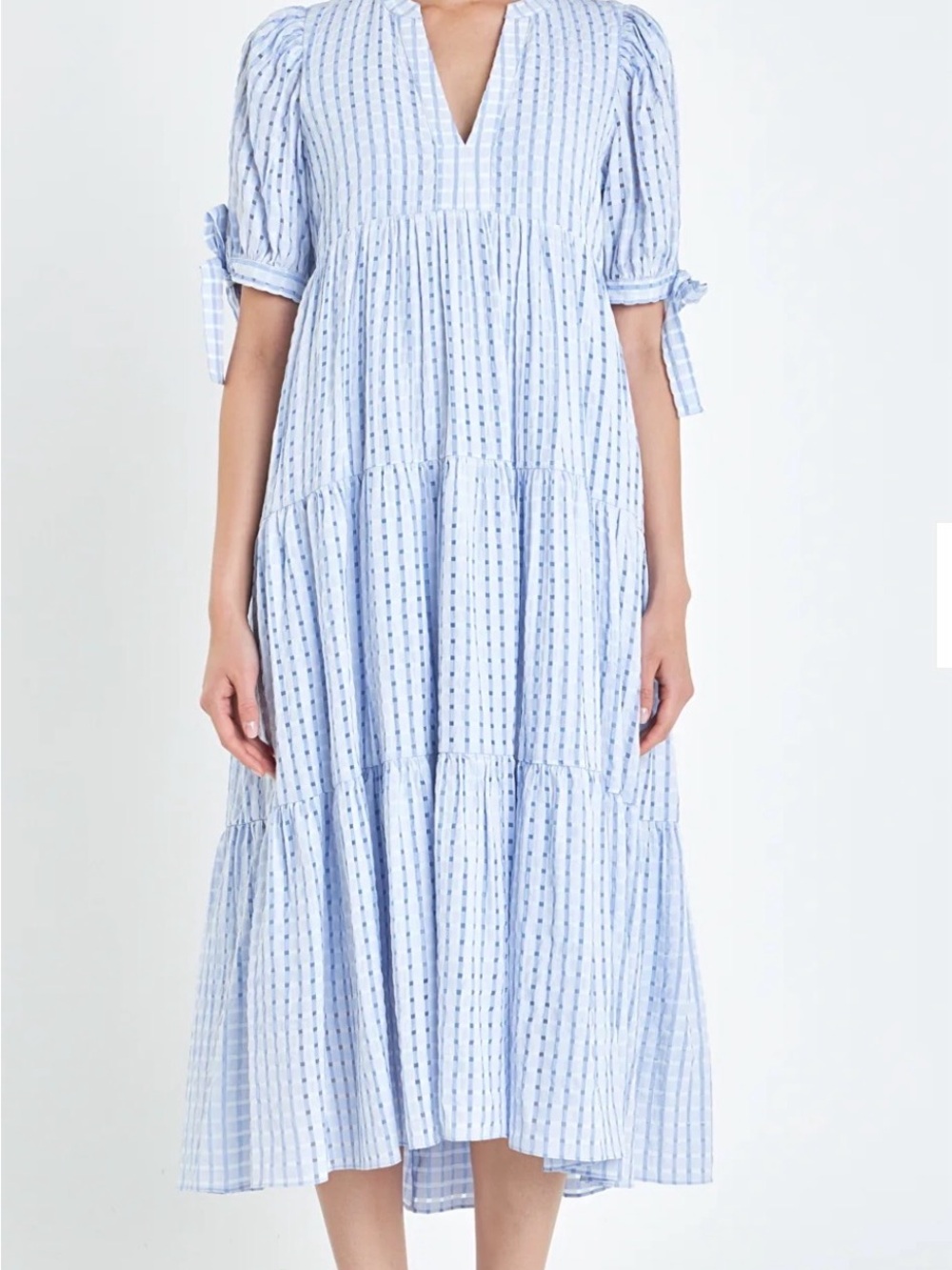 English Factory mint color Striped Tiered Midi Dress puff sleeve  M
